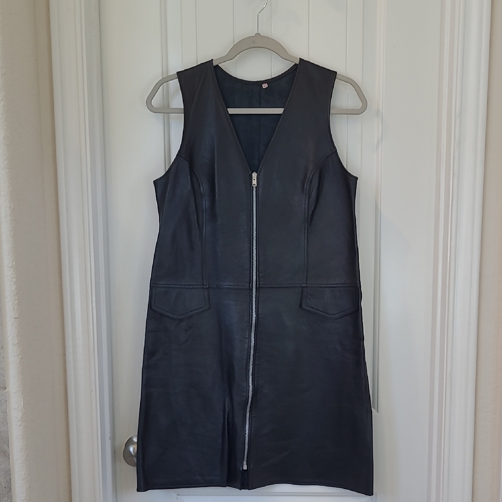 Black Leather Sleeveless Zip-Up Dress